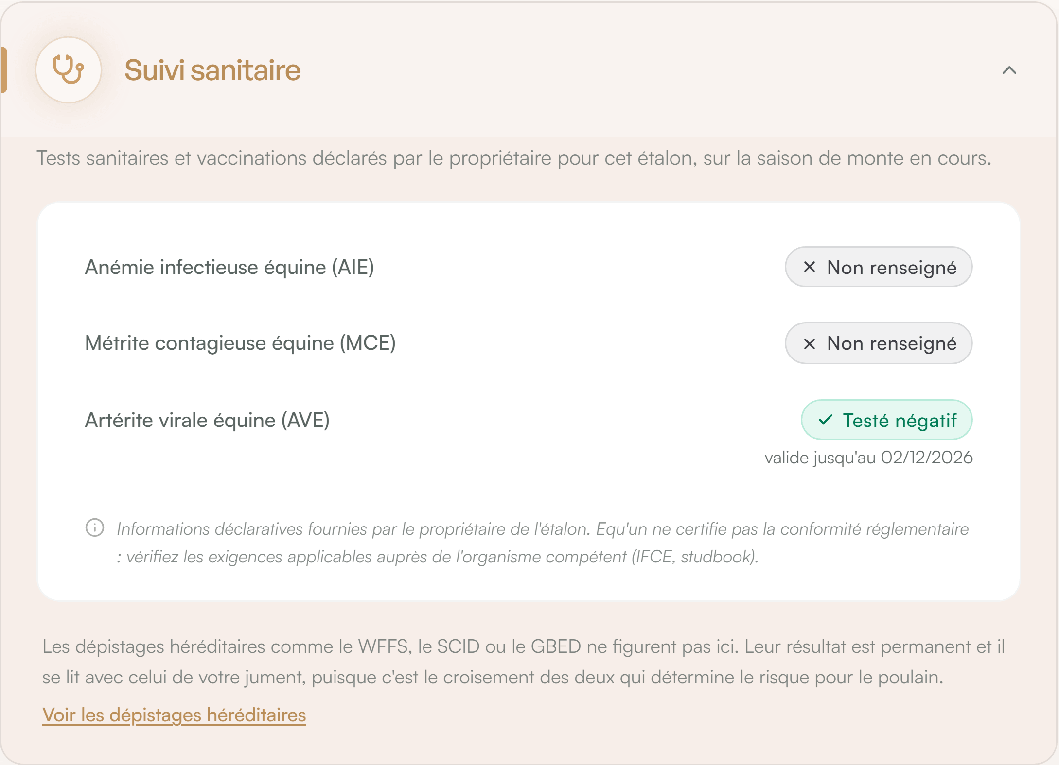 La section de suivi sanitaire d'une fiche publique d'étalon, avec un verdict par test